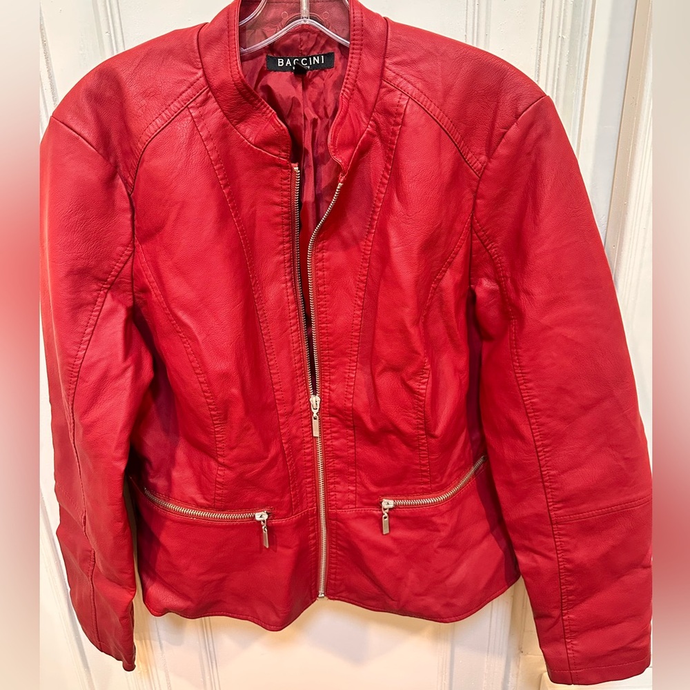 Baccini Cranberry Red Edgy Faux Leather Moto Jacket Ruched Sides Women's Size L